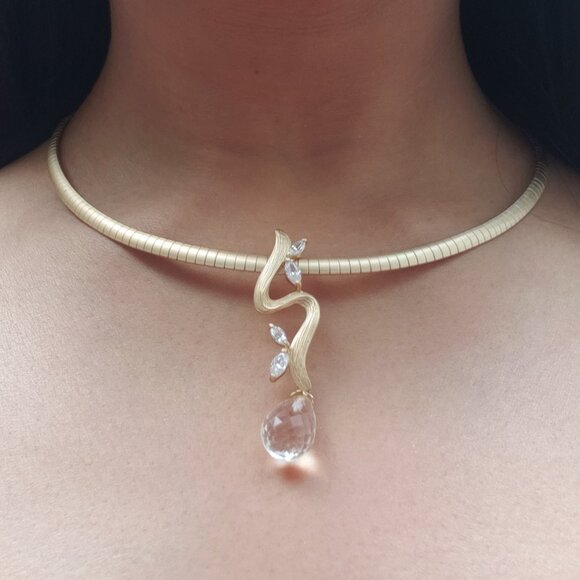 Gold Tone Necklace & Earrings Set with Cubic Zirconia & Clear Faceted Teardrop - Picture 3 of 11